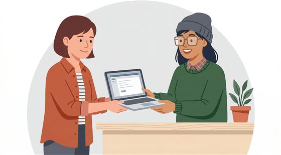 Illustration of a computer technician handing off a report to a business owner